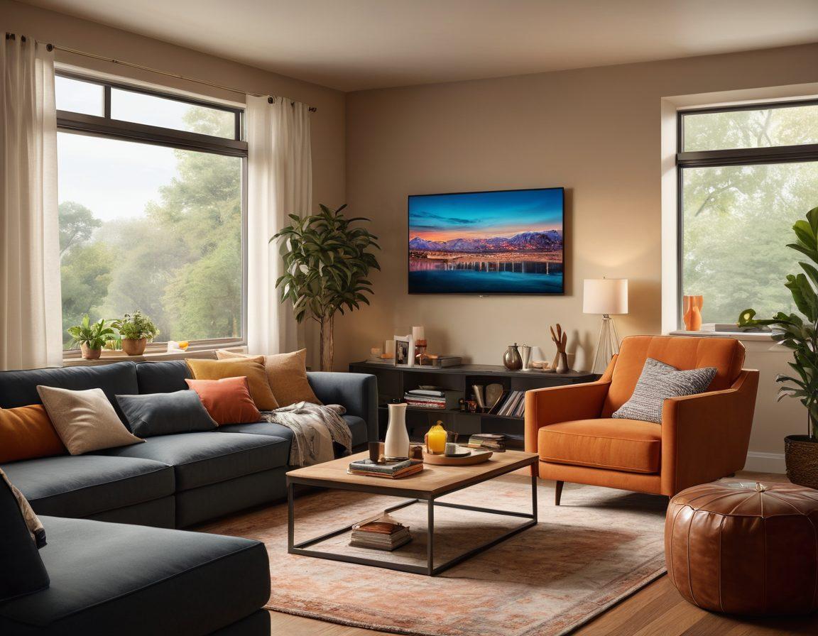A modern, cozy living room setting with a diverse group of adults comfortably engaging with various streaming devices. Subtle hints of contemporary adult content, like magazine covers or posters, are scattered tastefully in the background. Soft lighting sets an intimate atmosphere, while a large screen displays subtle streaming icons. Include a coffee table with snacks and drinks to convey a relaxed vibe. super-realistic. vibrant colors. warm tones.