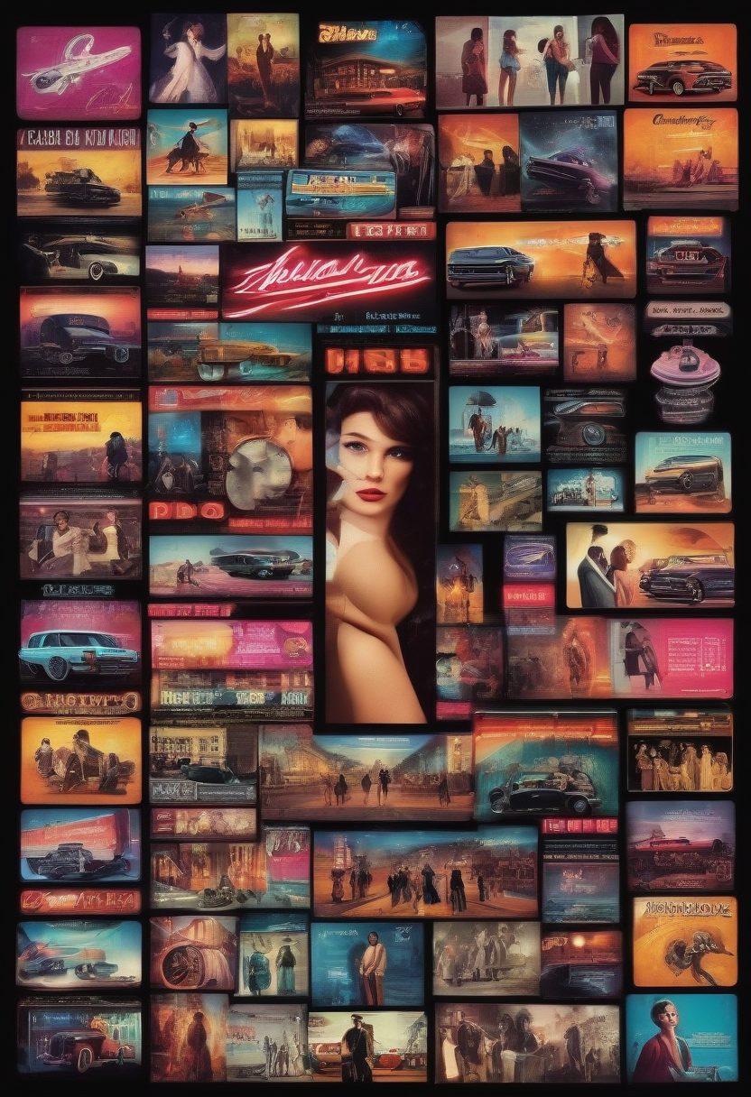 A timeline collage depicting the evolution of adult entertainment, featuring retro film reels, vintage posters, and modern streaming interfaces. Include diverse characters engaging with technology across the decades, blending nostalgia with futurism. Use dynamic elements like neon lights and bold typography to represent the transitions in style and technology. Highlight themes of intimacy and connection in a creative way, capturing both the past and present. super-realistic. vibrant colors.
